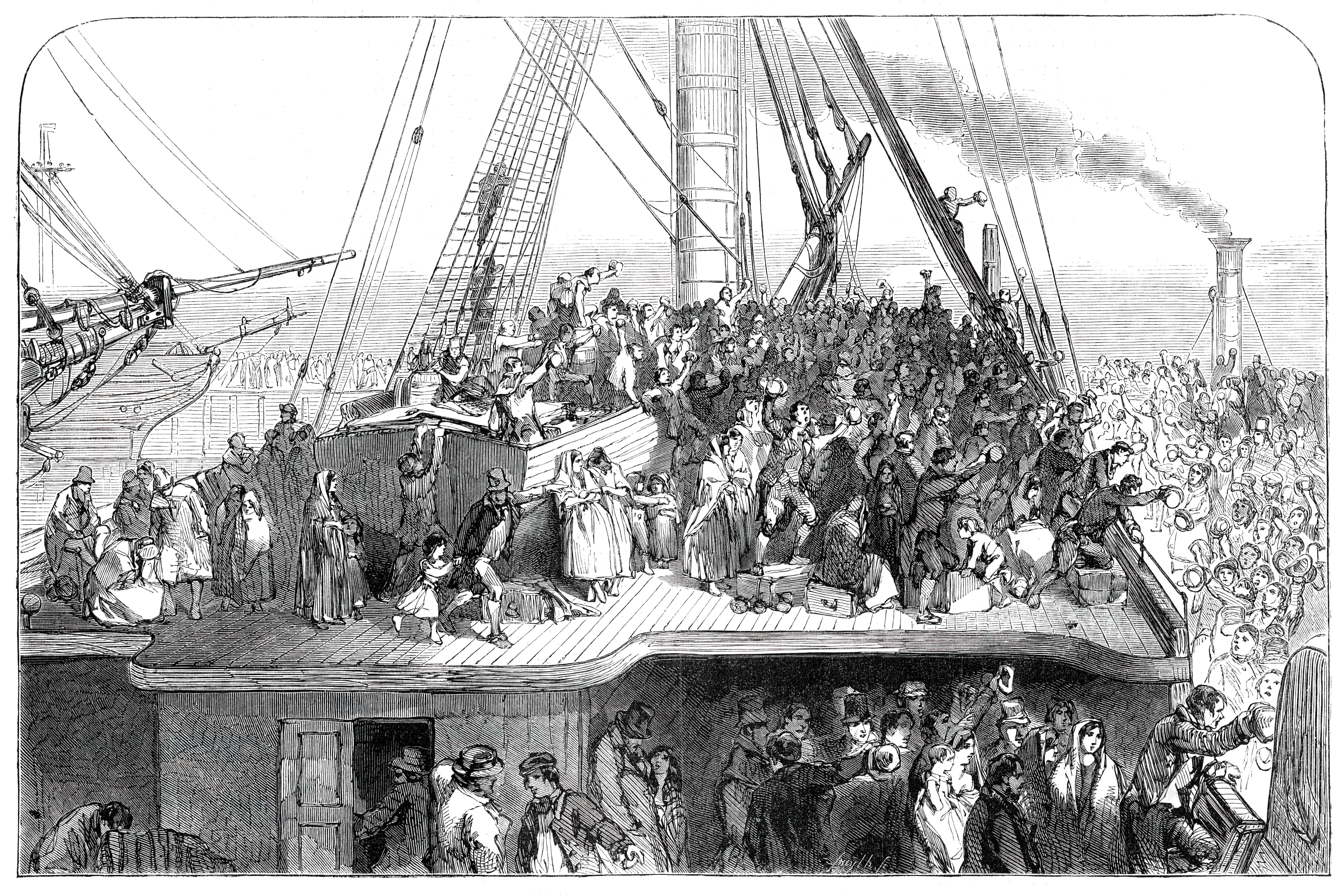 Engraving of a crowded 19th-century migrant  vessel  deck, with radical   successful  play  attire, illustrating humanities  oversea  question   conditions