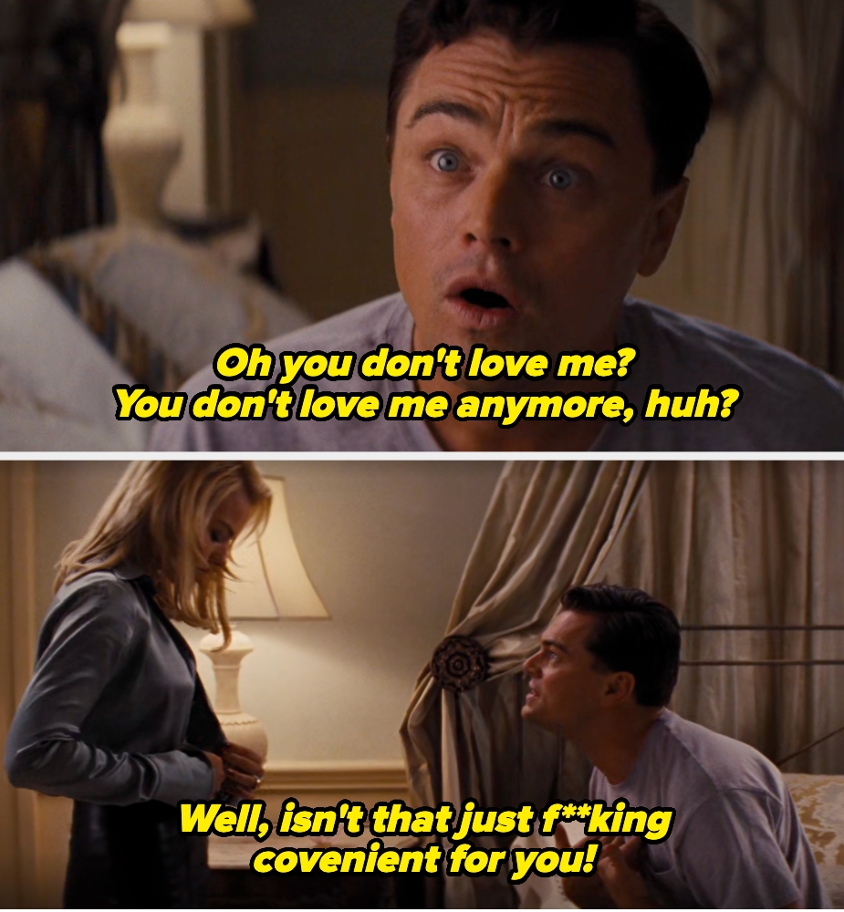  Top, a antheral   looks surprised. Bottom, helium  reacts angrily to a woman, questioning her love. Text conveys his frustration