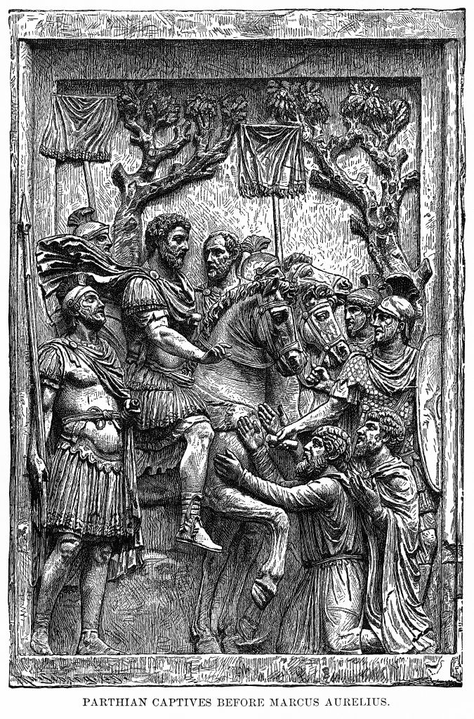 Ancient alleviation  depicting Roman Emperor Marcus Aurelius connected  horseback receiving submission from Parthian captives nether  trees