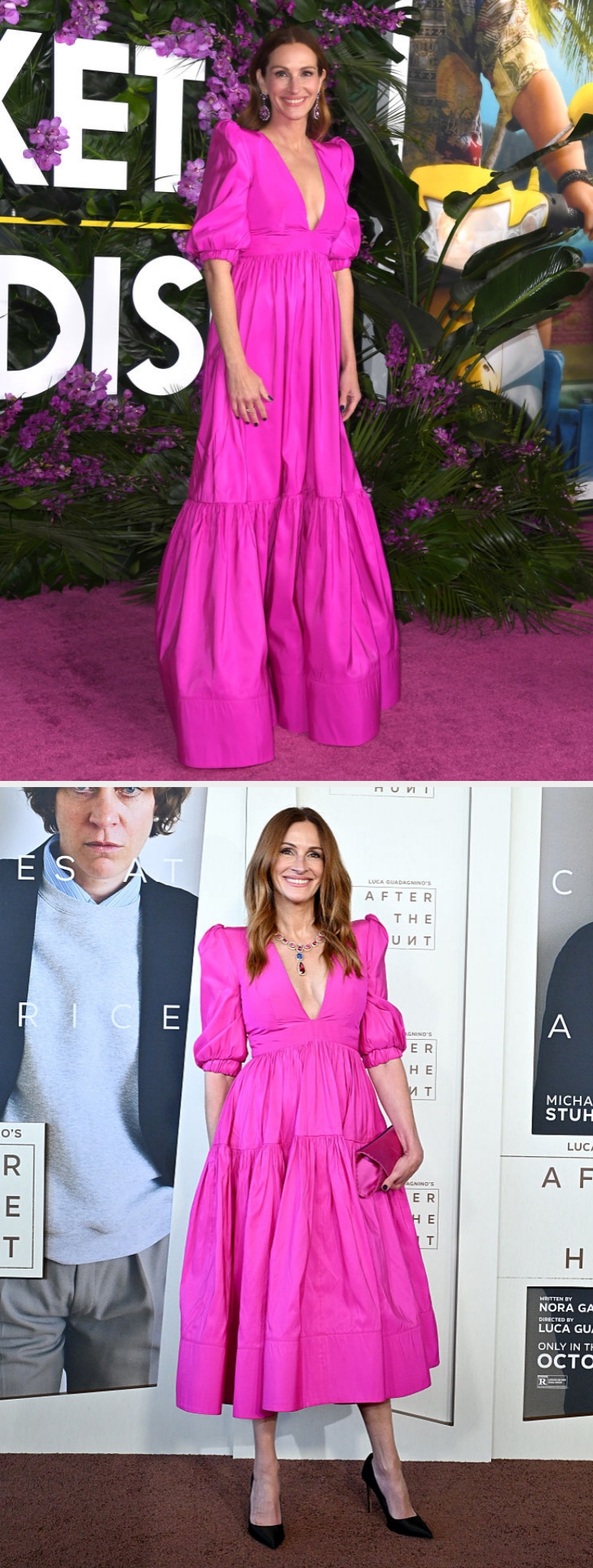 Person successful  a floor-length, puff-sleeve, heavy  V-neck formal  poses astatine  a reddish  carpet event