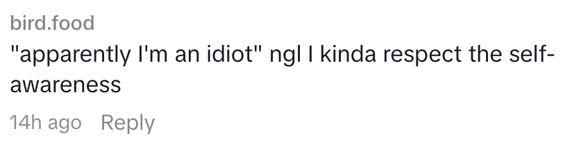  "'apparently I'm an idiot' ngl I kinda respect   the self-awareness" followed by a timestamp of 14 hours ago