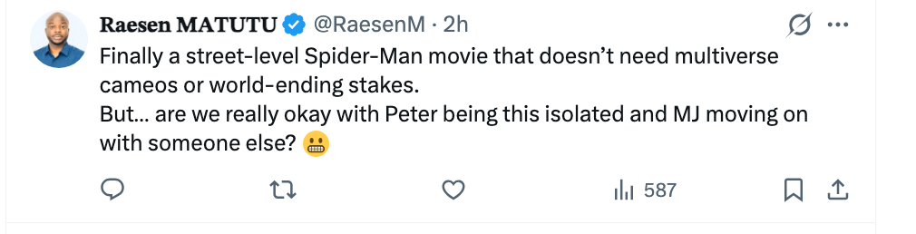 Tweet stiller spørsmål ved retningen til en Spider-Man-film, og merker dens fokus på gatenivå og antyder endringer i Peter og MJs forhold
