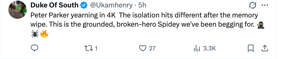 Tweet om Peter Parkers isolasjon og minnetørking, og fremhever en jordet, ødelagt helt Spider-Man