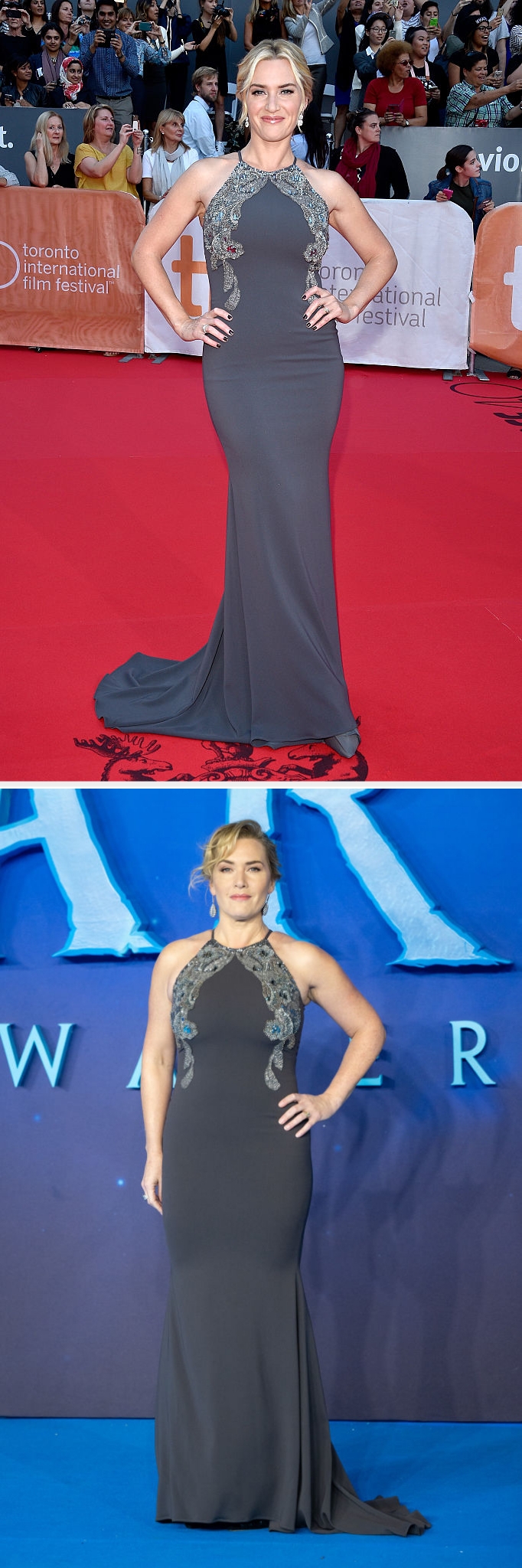 Kate wearing the aforesaid  elegant, sleeveless gown with intricate detailing, 7  years apart