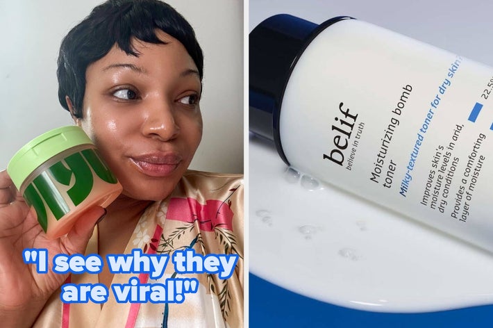 A person holds a skincare product, smiling. Next to them, a belif moisturizing bomb bottle on a plate. Text reads: "I see why they are viral!"