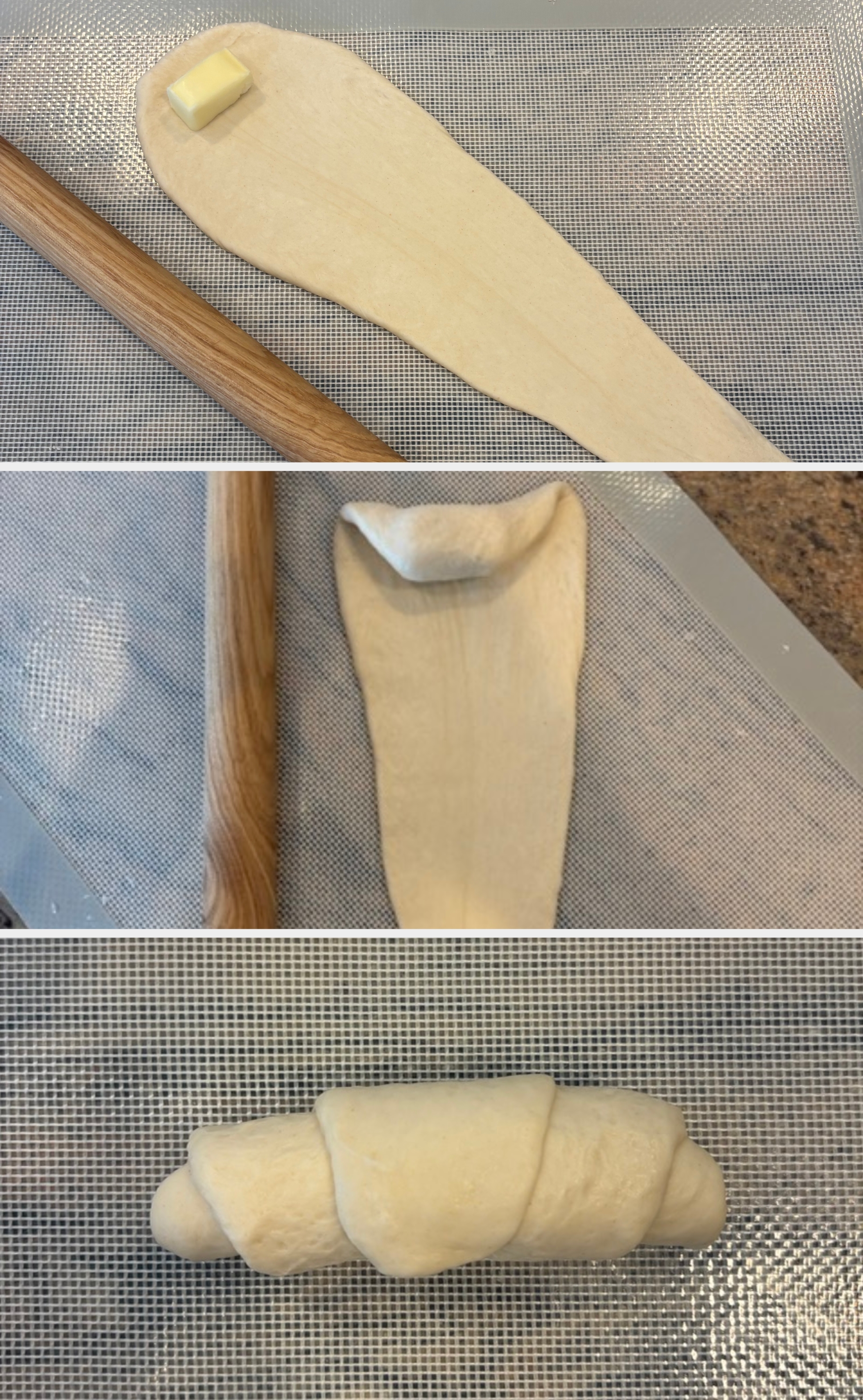 Rolled-out dough connected  a mat with a woody  rolling pin and a cube of food  connected  top, acceptable   for baking