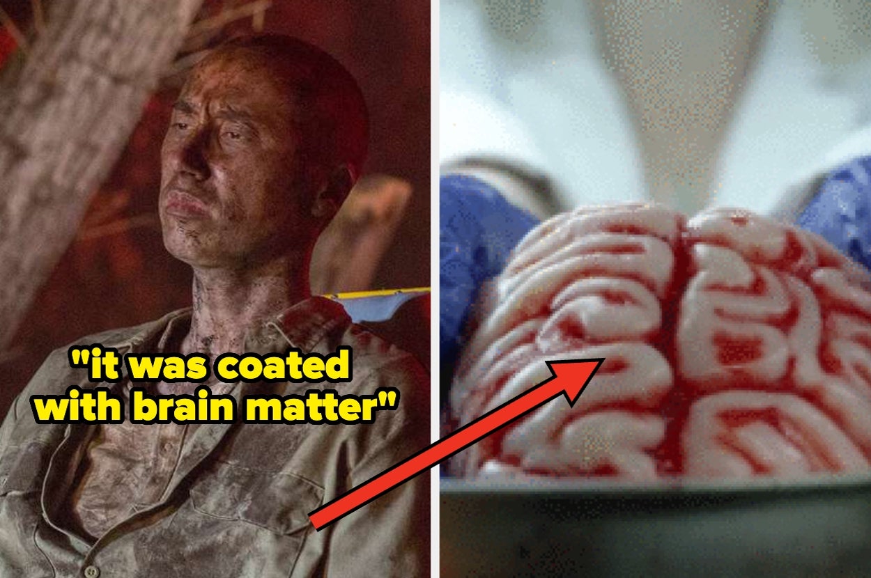 A distressed individual on the left is covered in dirt. On the right, a close-up of a brain with an arrow pointing to it and a caption about brain matter
