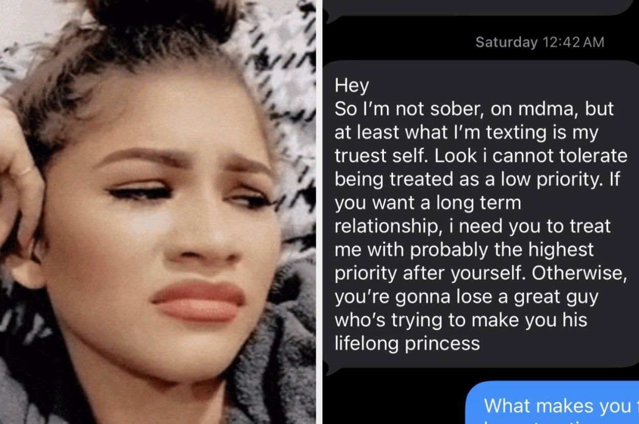 Person making a skeptical face next to a text about wanting to be a high priority in a relationship