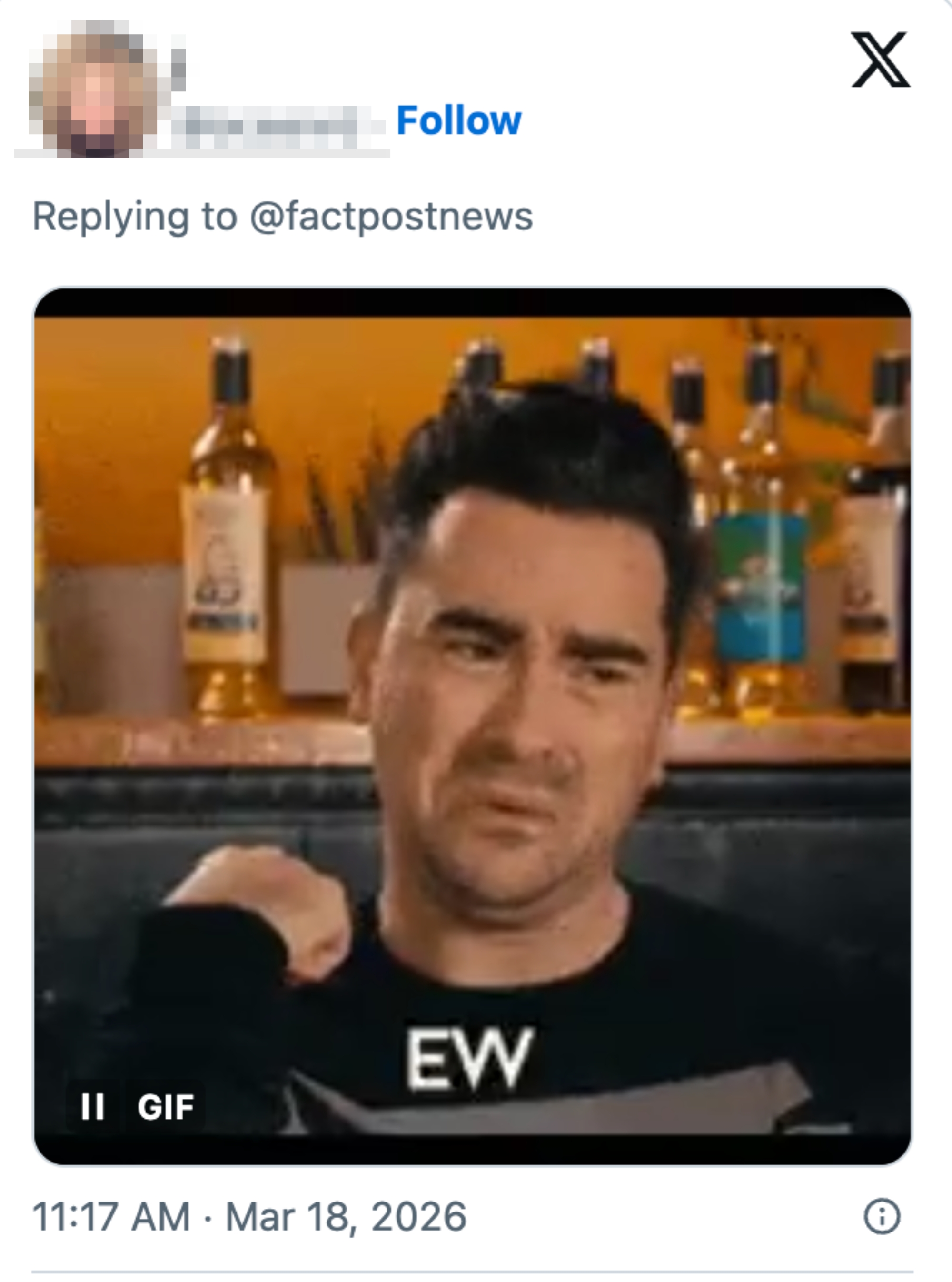 A idiosyncratic   making a disgusted look  with the caption "EW" successful  beforehand   of a barroom  setting