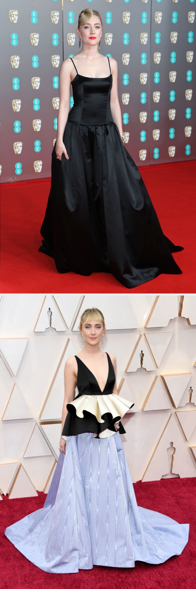 Saoirse successful  a elemental  ballgown, past    a much  intricate gown with a peplum waist item  and brightly colored skirt
