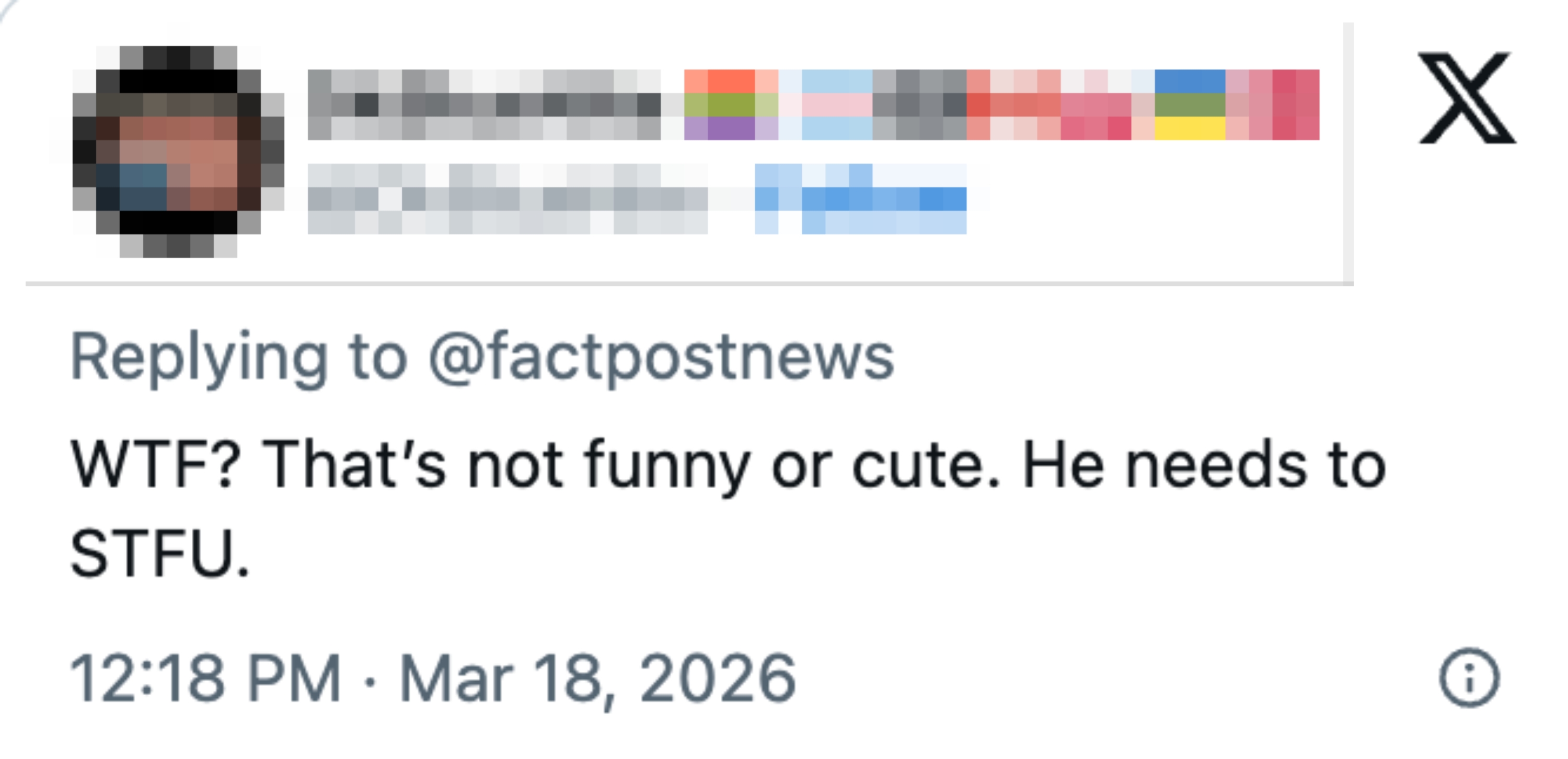 Social media station  by idiosyncratic    @DkBlueNite expressing vexation  with another's comment, timestamped March 18, 2026, 12:18 PM