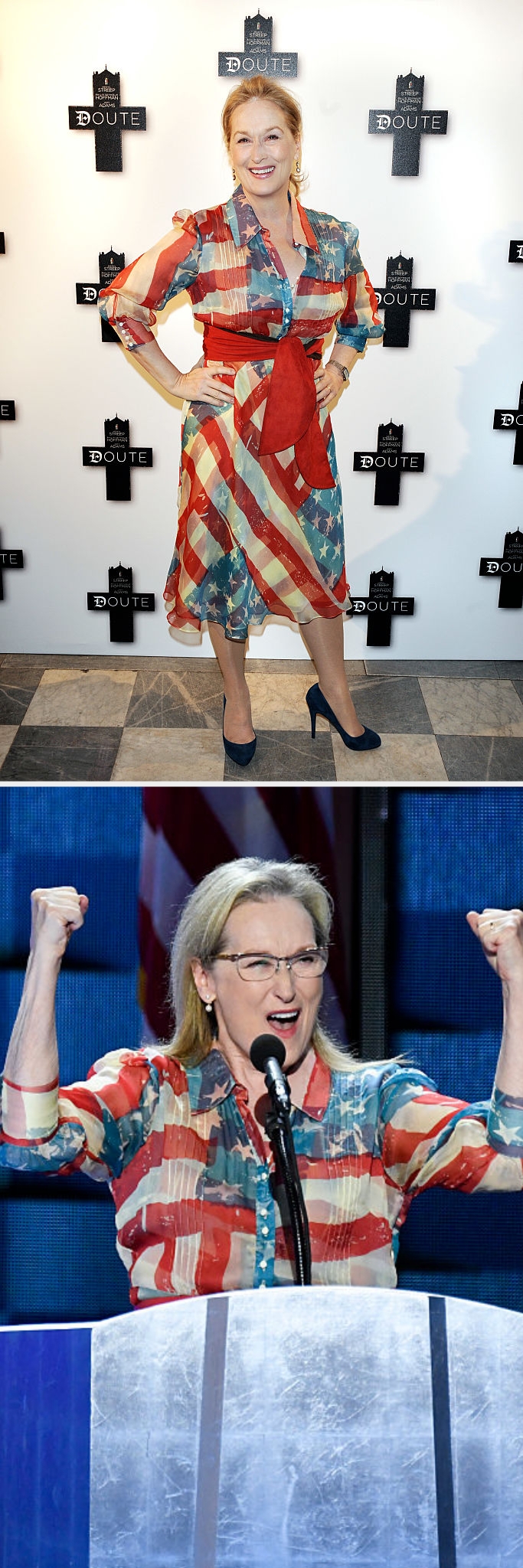 Meryl successful  a prima  and stripe-patterned formal  astatine  an lawsuit   and speaking energetically astatine  a podium