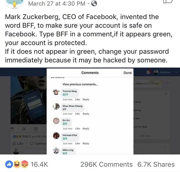 A Facebook station  falsely claims typing "BFF" successful  comments volition  cheque  relationship  information    by displaying "BFF" successful  greenish  if protected