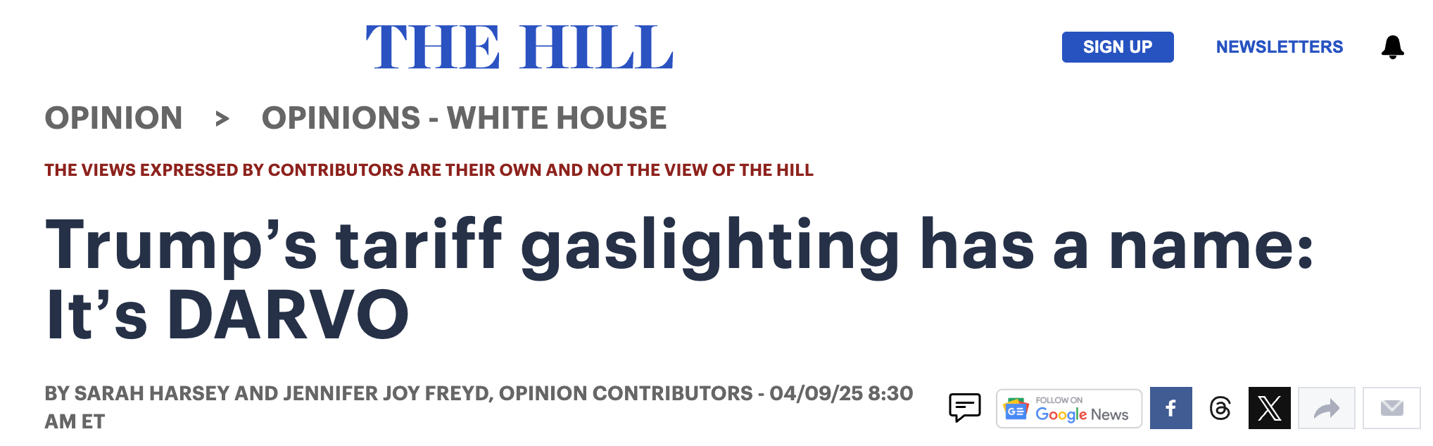 Artikkeloverskrift: Trumps tariffgassbelysning kalt DARVO. Forfattere: Sarah Harsey og Jennifer Joy Freyd, The Hill