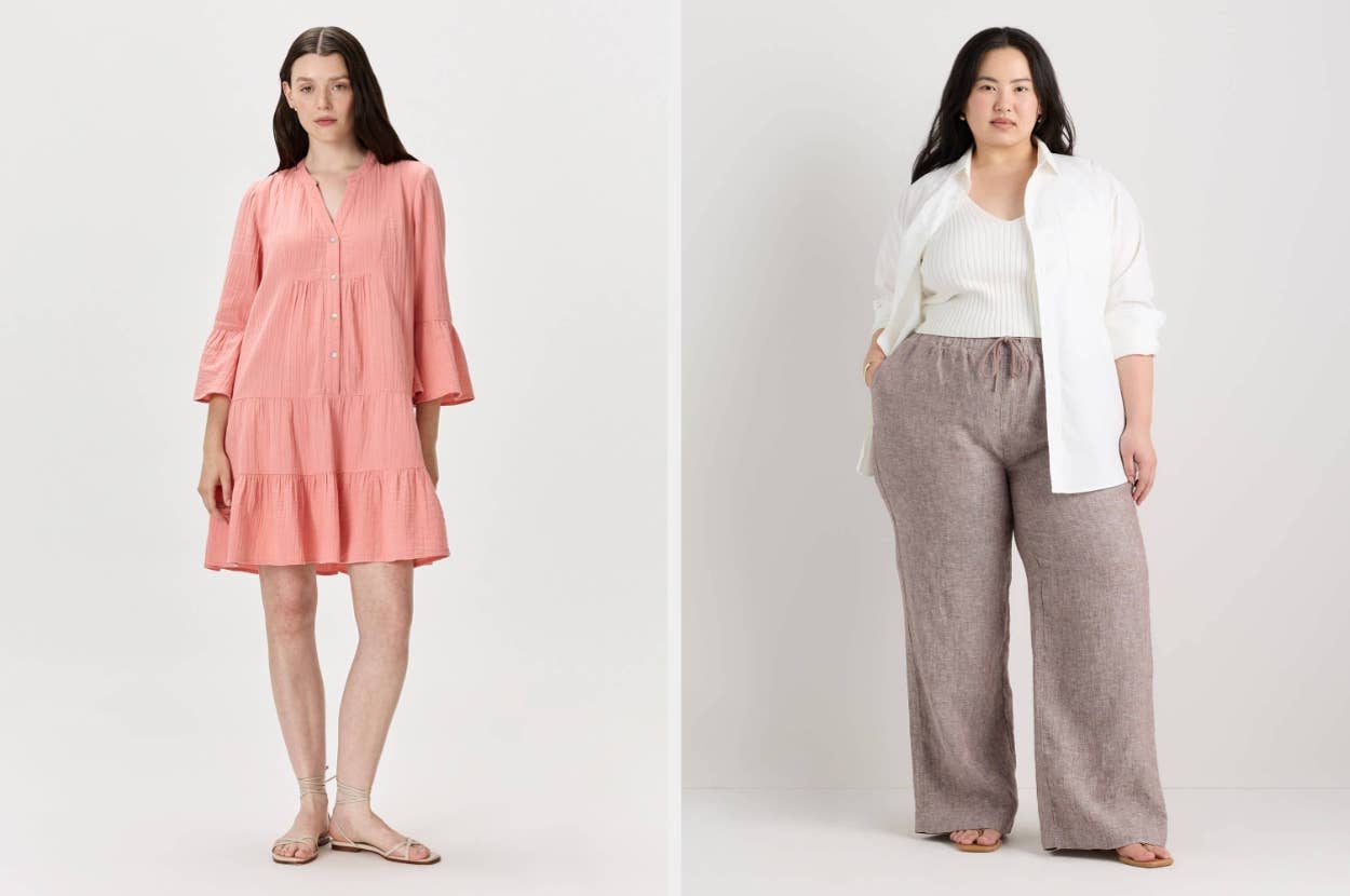 Two models showcasing outfits: one in a tiered, flowy dress with sandals; the other in a ribbed top, wide-leg pants, and a long-sleeved shirt