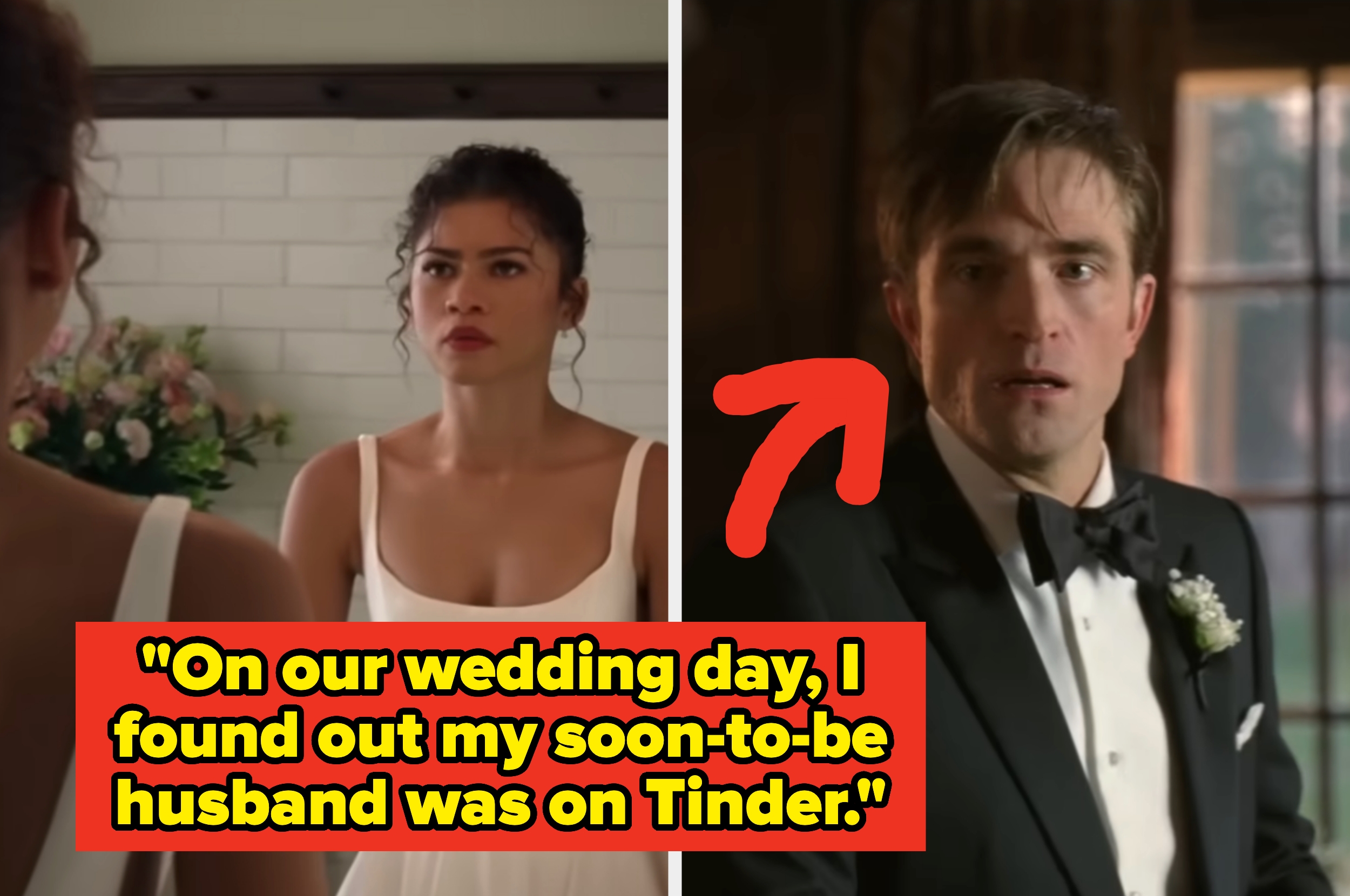 Split image: Left, a woman in a wedding dress looks upset. Right, a man in a suit appears shocked. Text: "On our wedding day, I found out my soon-to-be husband was on Tinder."