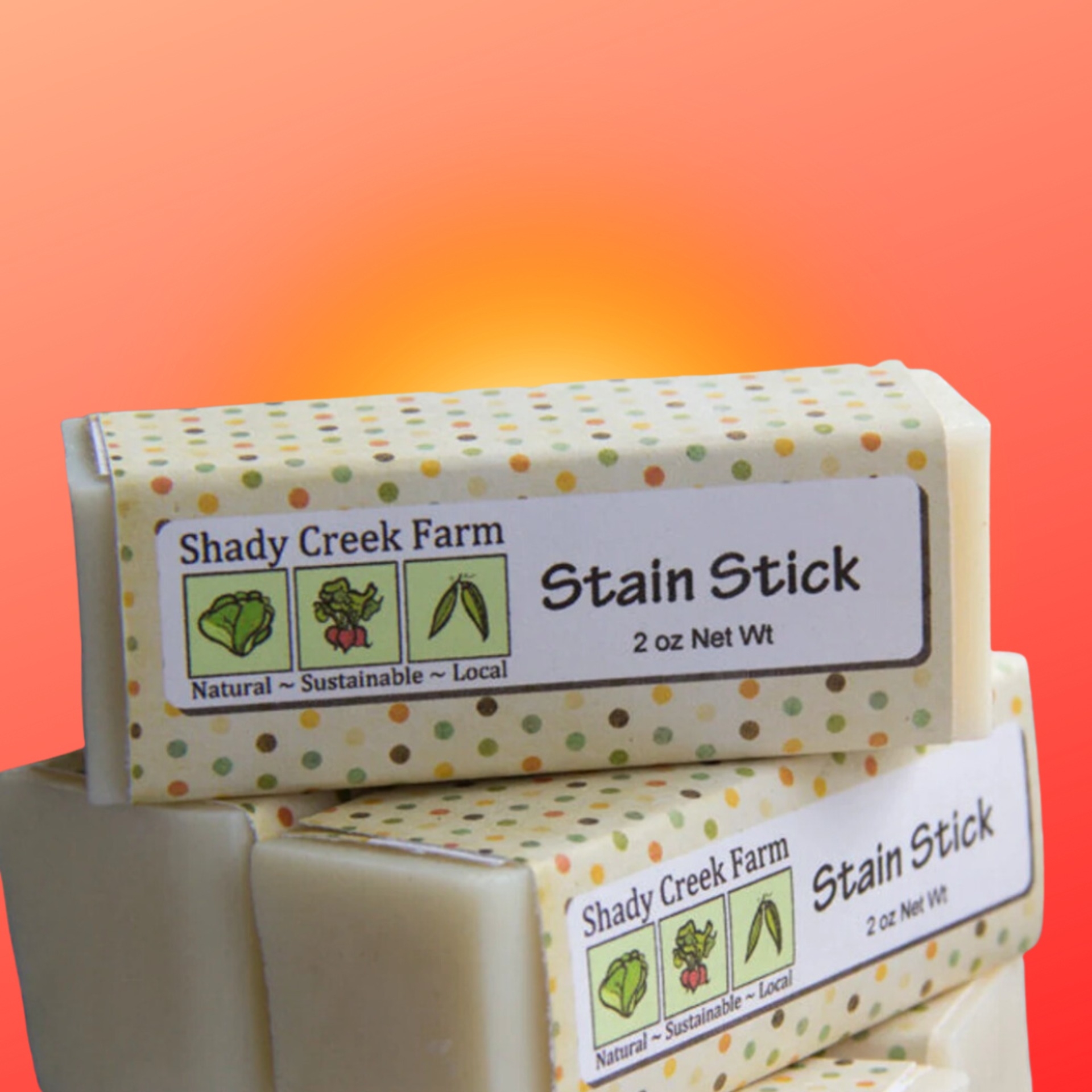 Shady Creek Farm soap barroom stack with a statement highlighting natural, sustainable, section ingredients and 2 oz nett weight