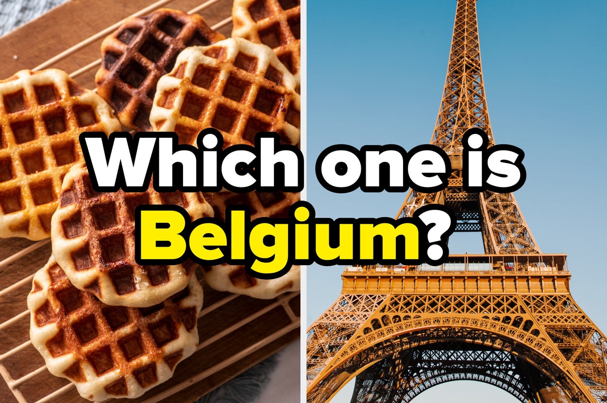 Image showing waffles on one side and the Eiffel Tower on the other with text "Which one is Begium?"