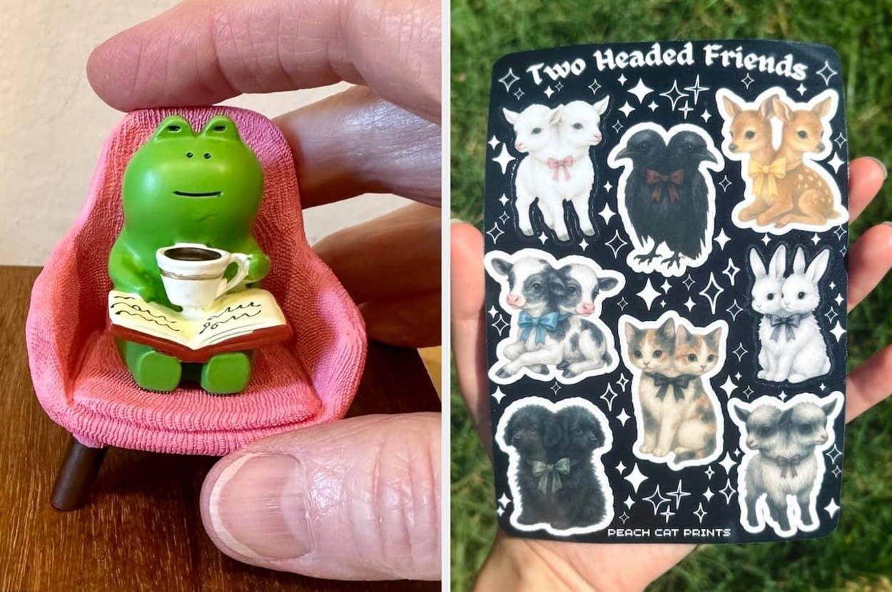 Left: A small frog figurine holds a cup and sits with a book in a pink chair. Right: A sticker sheet titled "Two Headed Friends" with various animals