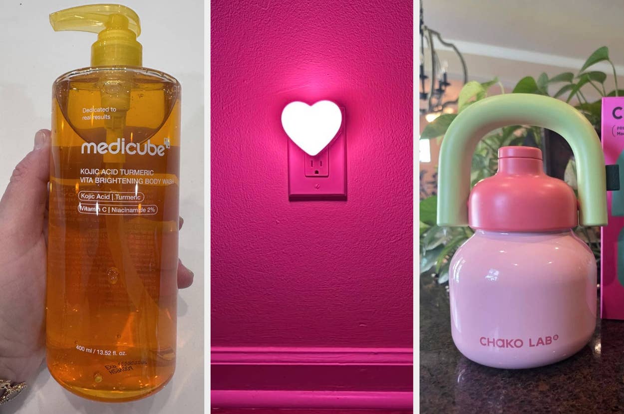 Crocheted bunny toy, vintage-style lamp with ruffled shade, and a pink bottle with a green handle on a table