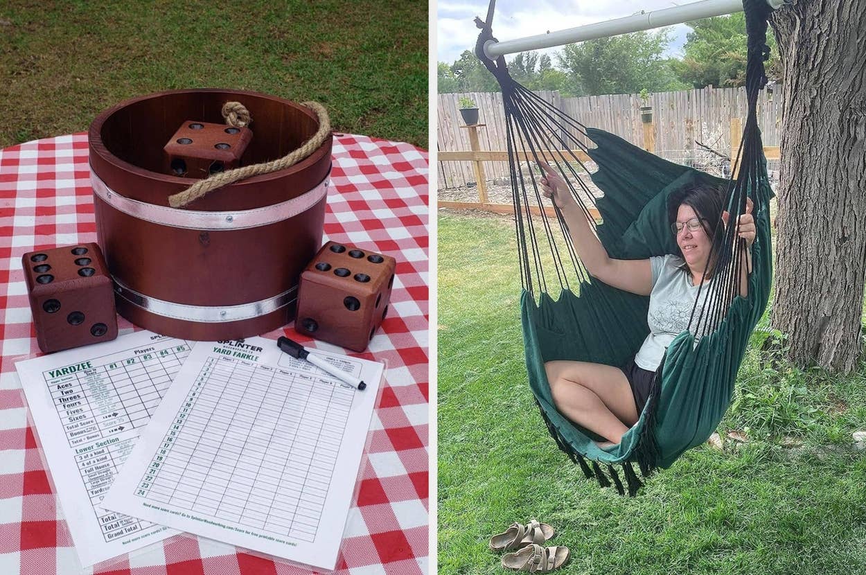 Left side shows an outdoor movie projector screen with a cartoon; Right side shows a person relaxing in a hammock chair under a tree