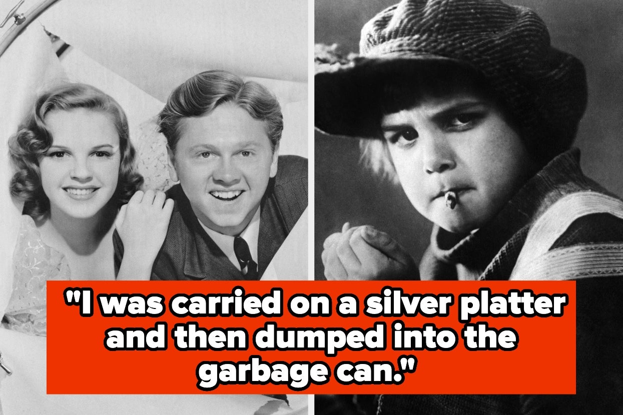 Two black and white photos of young actors, with a quote about being discarded like trash overlaid