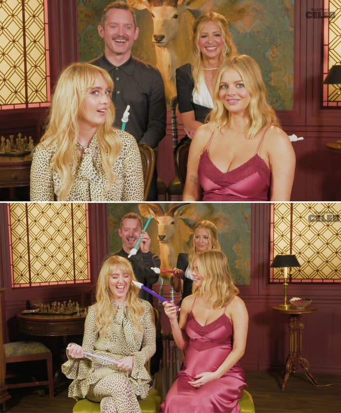 Four radical   are playfully posing with toothbrushes. Two women are seated, wearing polka-dot and satin dresses, with 2  radical   lasting  down  them