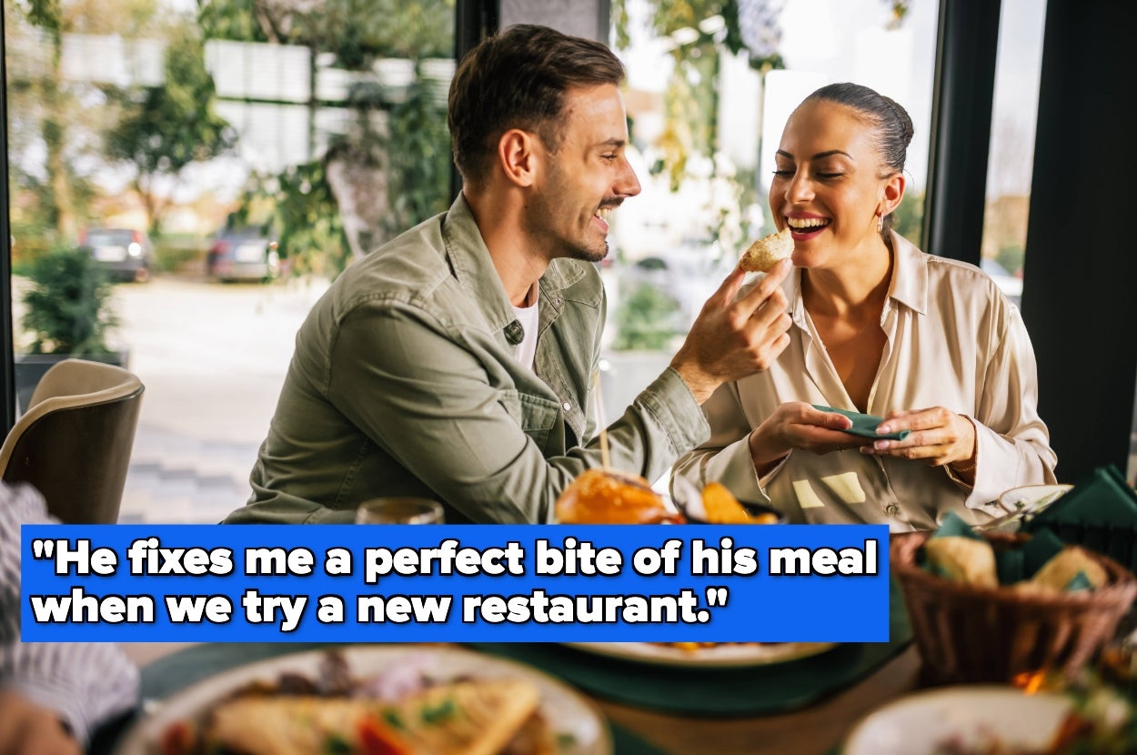 A couple joyfully shares food at a restaurant, with text reading: "He fixes me a perfect bite of his meal when we try a new restaurant."