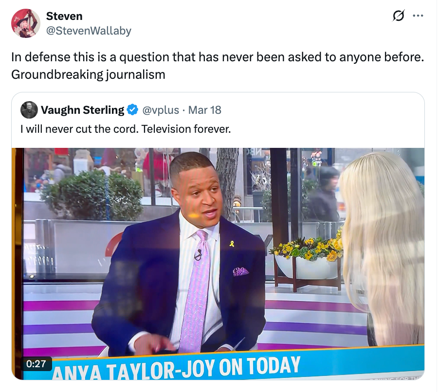 Screenshot of a tweet quoting an interrogation  wherever  a big   talks to a guest. The tweet comments connected  "groundbreaking journalism."
