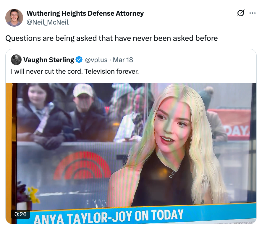 Anya Taylor-Joy connected  TV surface  during a "Today" amusement   segment, smiling and speaking. A tweet overlay discusses tv  preferences