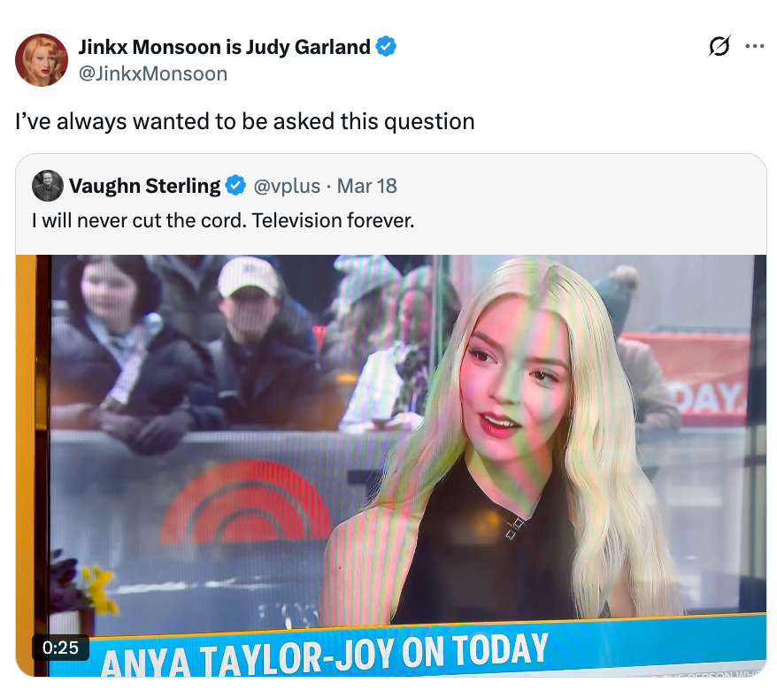 Jinkx Monsoon tweets a clip of Anya Taylor-Joy connected  'Today' discussing television