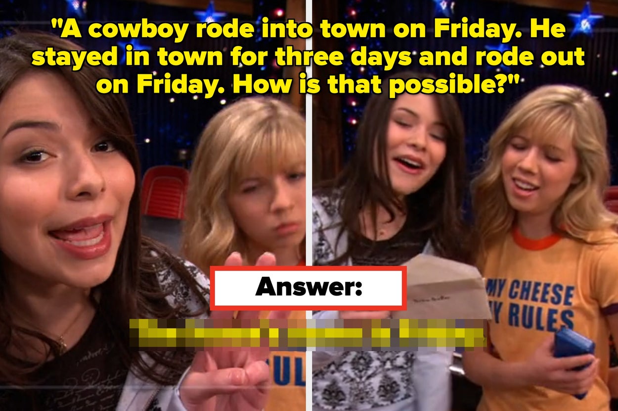 Two young people read and react to a riddle about a cowboy and Friday. The answer: the horse's name was Friday