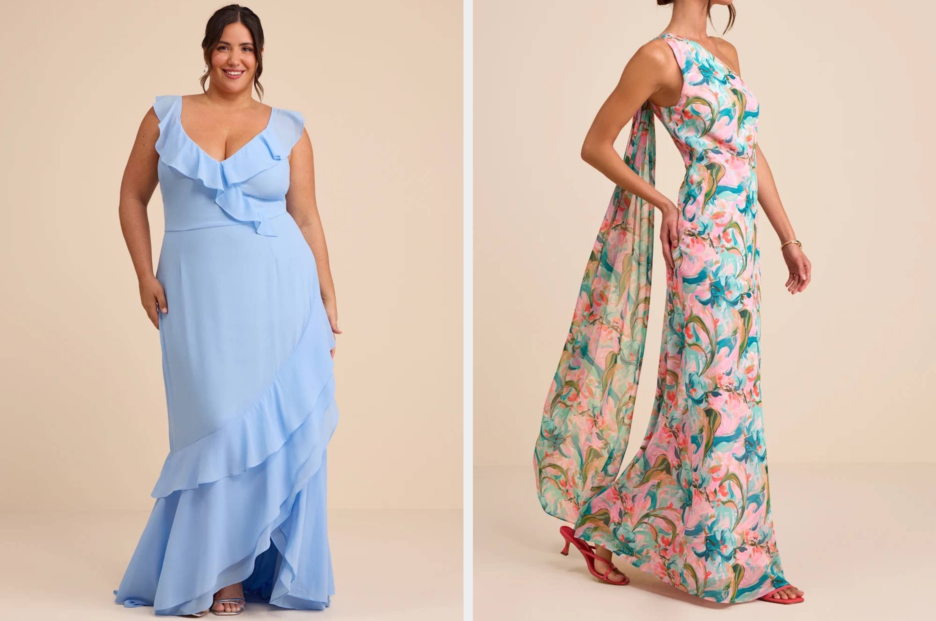 Two models showcase gowns with floral patterns. One wears a one-shoulder pink dress; the other wears a sleeveless blue and pink dress with a cape