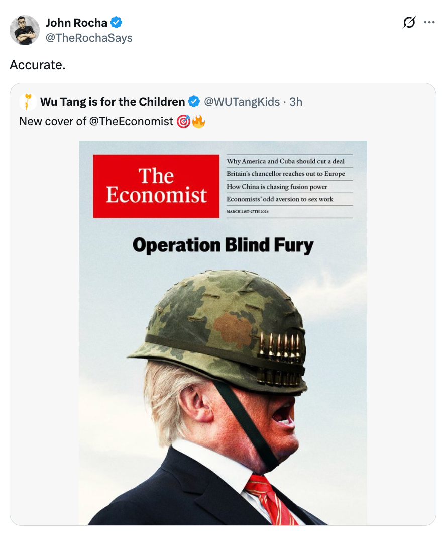 Tweet showing a The Economist screen  with a governmental  fig  successful  a subject   helmet with blinders, titled "Operation Blind Fury."