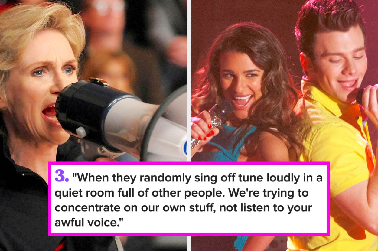 Left: Person using a megaphone. Right: Two people singing on stage, one in a shiny dress and the other in a bright shirt