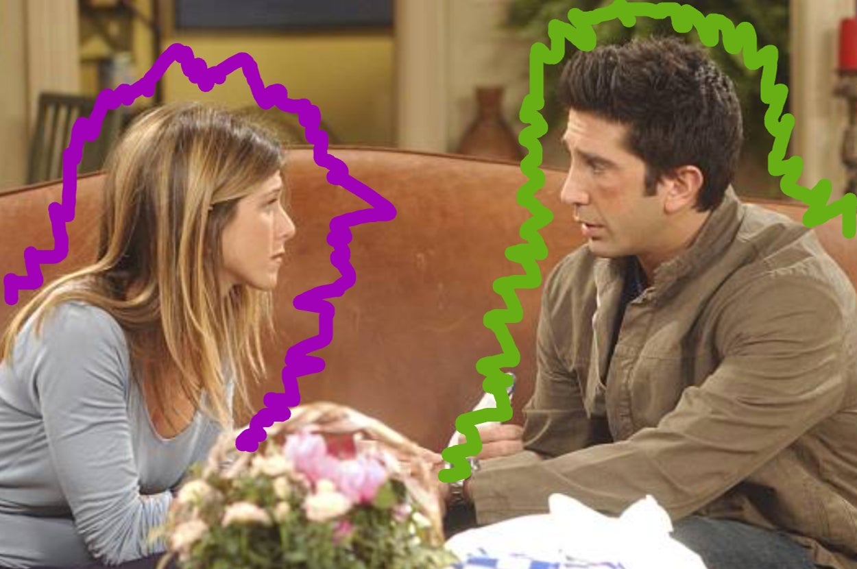 Two characters sit facing each other on a couch, engaged in a serious conversation. Bright outlines highlight them