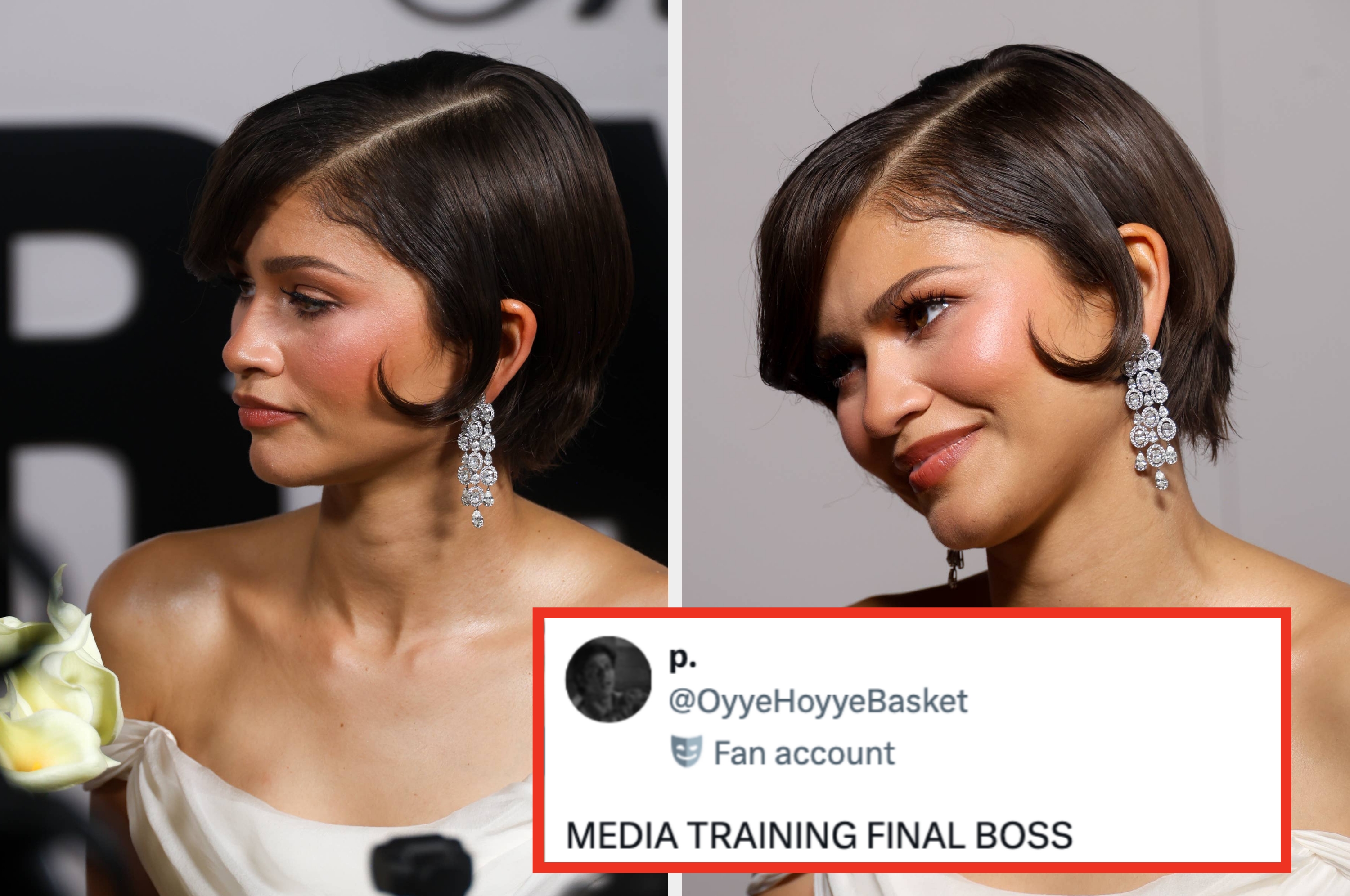 Zendaya poses at an event wearing elegant drop earrings and short hair