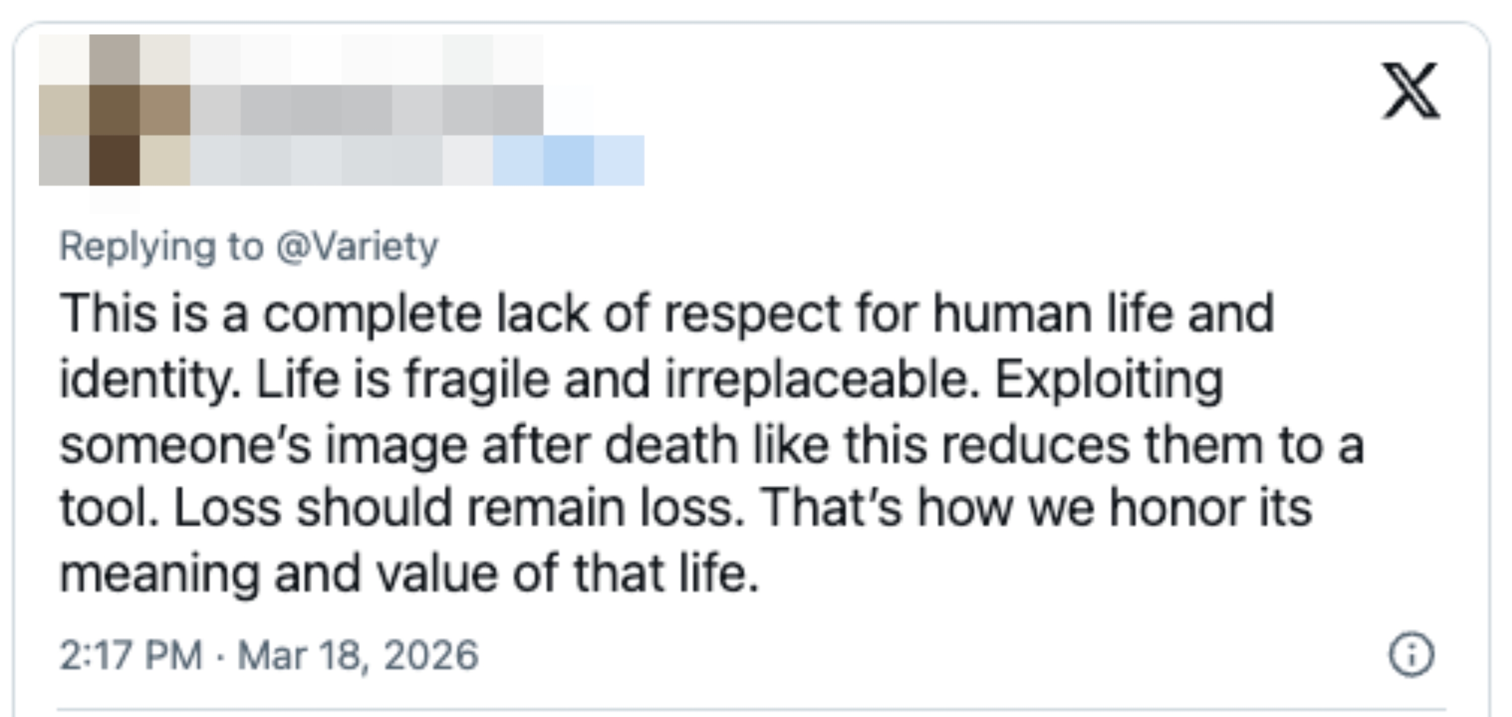 Summary of a tweet criticizing the exploitation of someone's representation  aft  death, emphasizing respect   for quality  beingness  and loss