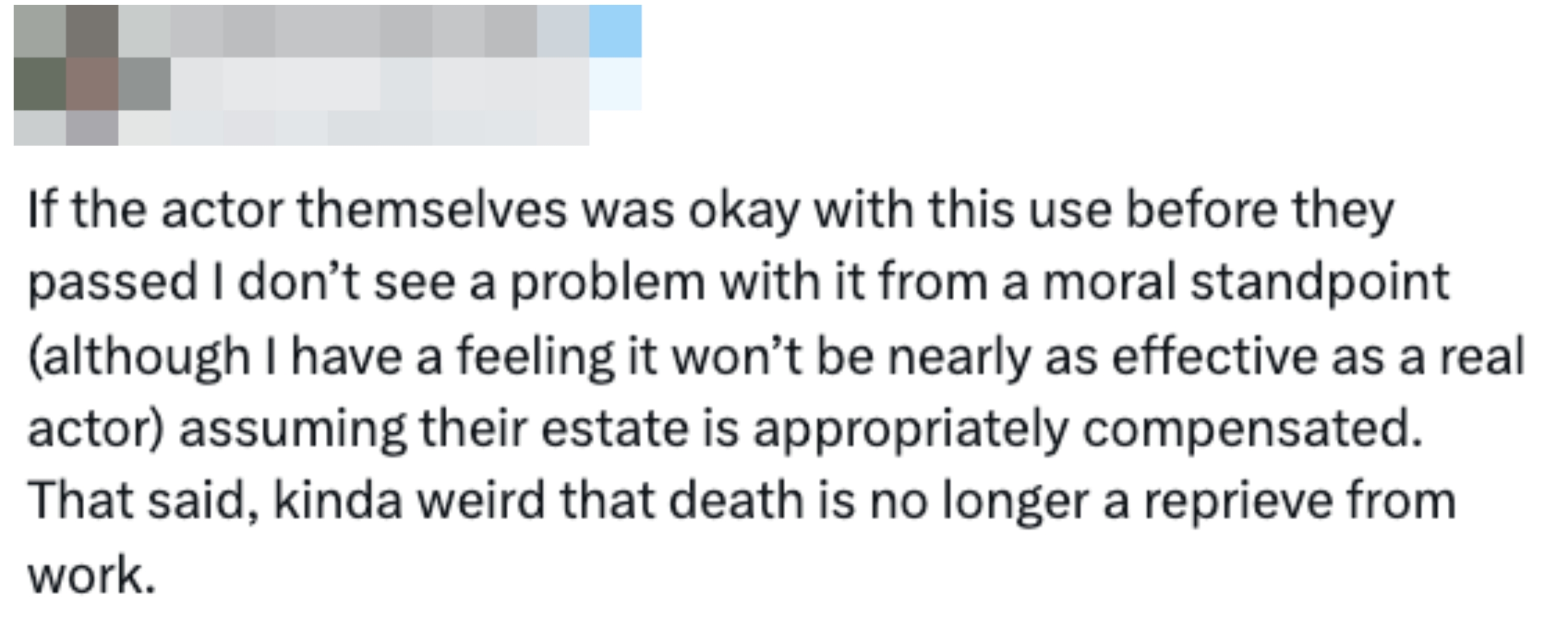 Tweet by Andrew McCarthy discussing the morals  of utilizing an actor's likeness posthumously, noting motivation  concerns and compensation