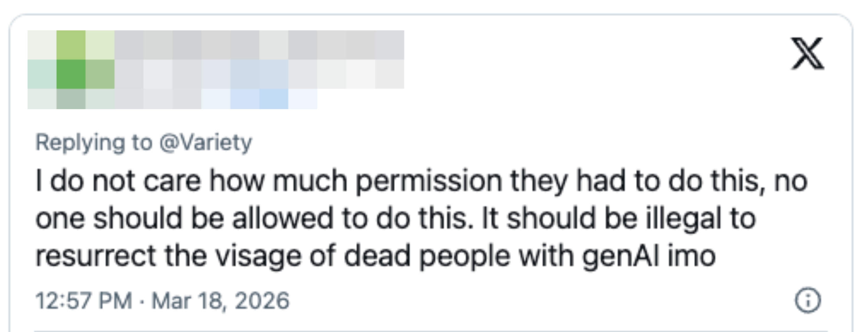 Tweet expressing that resurrecting the likeness of deceased radical   utilizing AI should beryllium  illegal