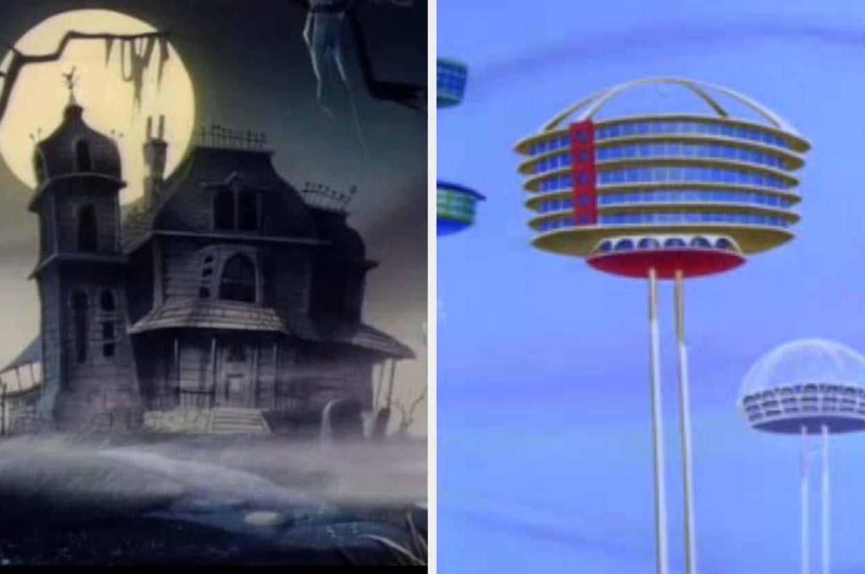 Split image: Left shows a spooky haunted house under a full moon; right depicts futuristic, flying saucer-like buildings on stilts