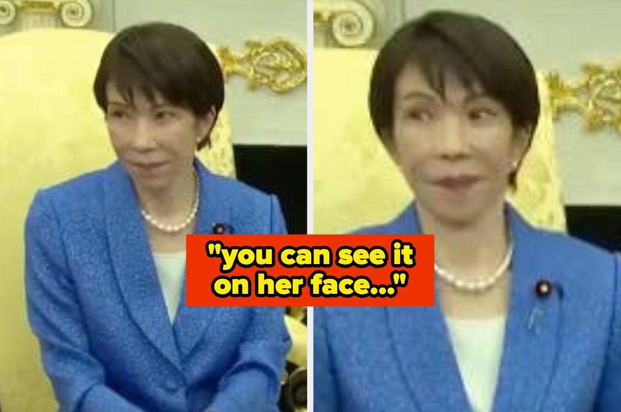 Person in a formal setting wearing a tailored suit with pearls. Text overlay says, "You can see it on her face..."