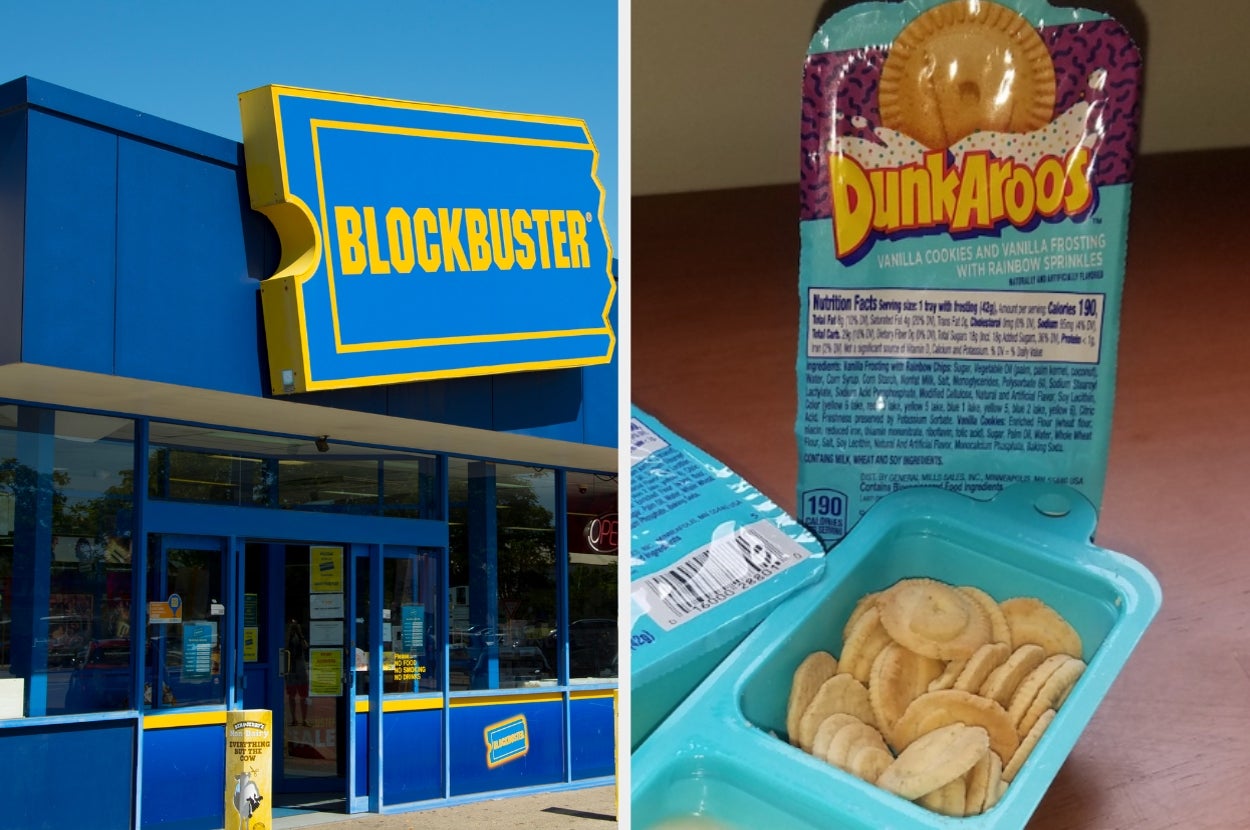 Blockbuster store exterior and an open package of Dunkaroos with cookies and icing, representing nostalgic 1990s pop culture