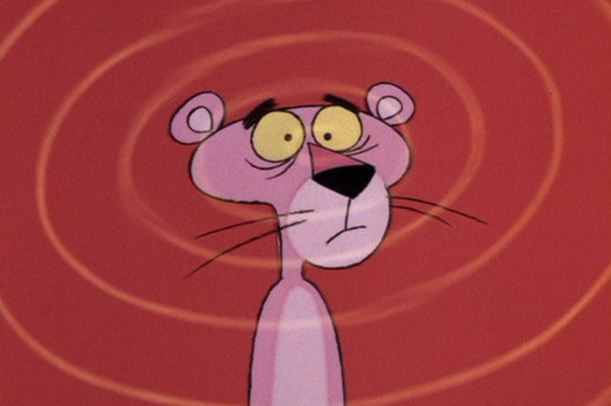 Animated Pink Panther looking surprised with spirals in the background