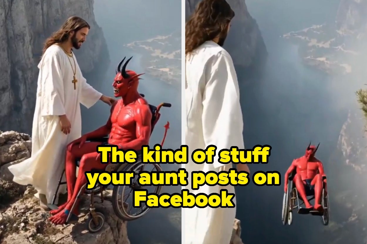 Jesus pushes the devil, who is in a wheelchair, off a cliff with text: "The kind of stuff your aunt posts on Facebook"