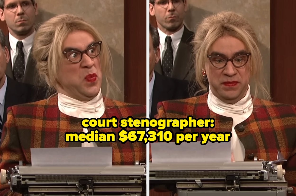 Fred Armisen as a court stenographer in a plaid suit with glasses and lipstick, typing, with text: "court stenographer: median $67,310 per year"