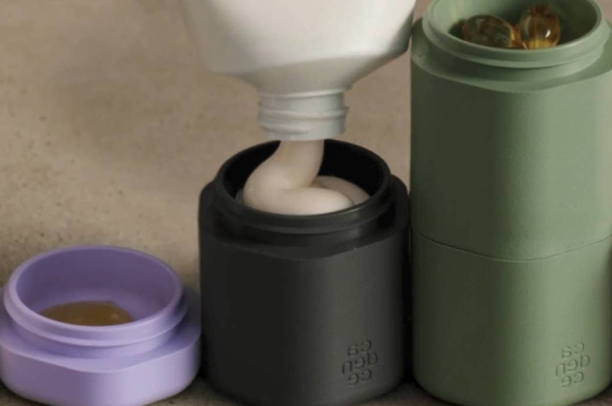 Containers hold skincare products and supplements, with one being filled from a bottle. Perfect for organizing and travel use