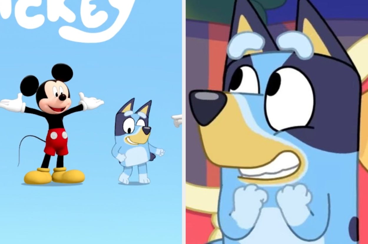 Cartoon characters Mickey Mouse and Bluey stand together in playful poses. Bluey's expression shows surprise
