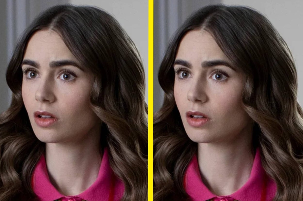 A woman with long wavy hair and a surprised expression wearing a collared top, appears twice in side-by-side images