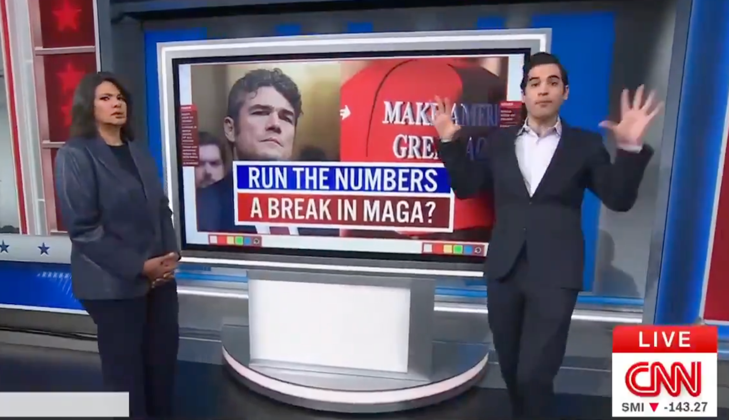 Two reporters basal successful a TV workplace discussing imaginable changes successful MAGA support, with a "Make America Great Again" chapeau shown connected screen